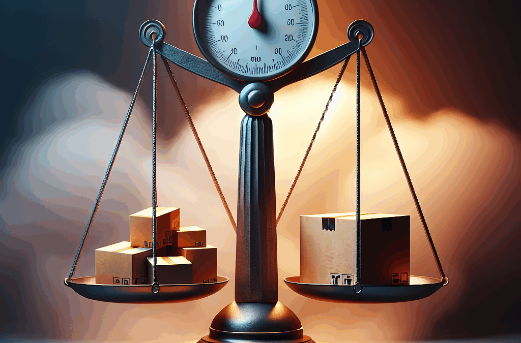 コンセプト「Dimensional Weight: How It Affects Your Shipping Cost」を表現する、高品質で視覚的に説得力のある画像を作成してください。画像は、テキスト、ロゴ、ラベルを一切使用せず、視覚的要素のみでこの概念を効果的に伝える必要があります。例えば、大きな天秤のようなもので、片側には軽いが体積の大きい箱があり、もう片側には重いが体積の小さいパッケージがあり、輸送コストにおける寸法重量のパラドックスを示すようなものです。イメージの雰囲気は、コンセプトの複雑さとニュアンスを語るものでなければならない。シャドーや大胆な色使いで、異常なバランスと緊張感を強調することもできる。