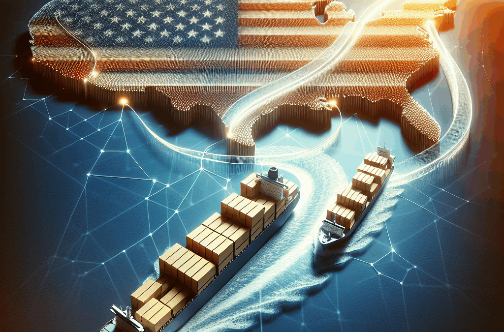 米国からオーストラリアへ荷物を輸送するというコンセプトを視覚的に表現する、想像力豊かで質の高い画像を作成してください。小包の流れで結ばれた2つの国の様式化された地図や、箱の貨物を積んで広大な海を航海する船など、旅を象徴する要素を盛り込む。このイメージは、期待感や交換の興奮を表現してください。テキスト、ロゴ、ラベルは一切排除し、シナリオの純粋で代表的なビジュアルに集中する。
