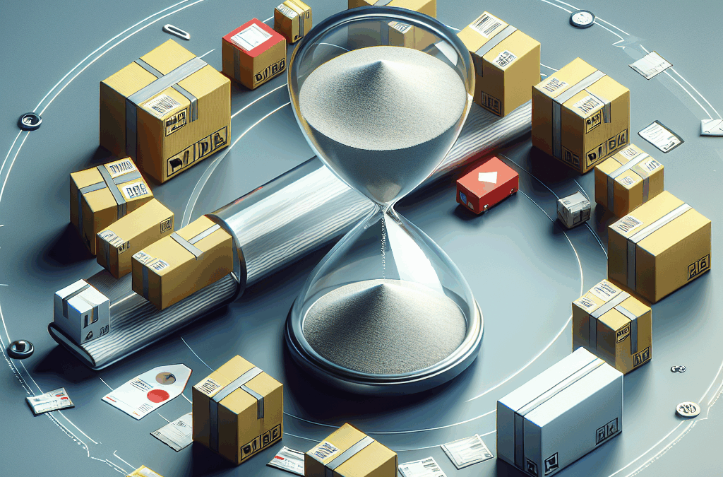 A detailed, high-quality image illustrating the concept of package consolidation benefits using creative visual elements. Picture a range of parcels, from small letters to big boxes, being organized efficiently into a single, larger box. Portray a circular motion indicating the parcels merging together to show the benefit of cohesion and consolidation. To represent the concept of saving time, include a sand hourglass where the sand is almost finished in the upper half, suggesting efficiency and urgency. Ensure the image doesn't contain any text, logos, or labels. Emphasize on clean lines, smooth transitions and the efficacy of the process.