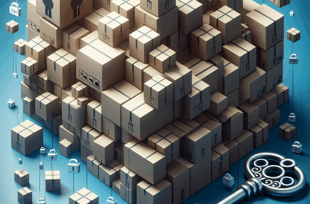 Create a visually compelling image with a focus on the concept of package consolidation. Please illustrate this using a multitude of boxes in various shapes and sizes, represented as being compacted or consolidated together efficiently and orderly. The background should have a key or a lock to symbolize the unlocking of benefits. Please note that the picture should not contain any text, logos, or labels, and should emphasize mood through the clever use of lighting and shadows.