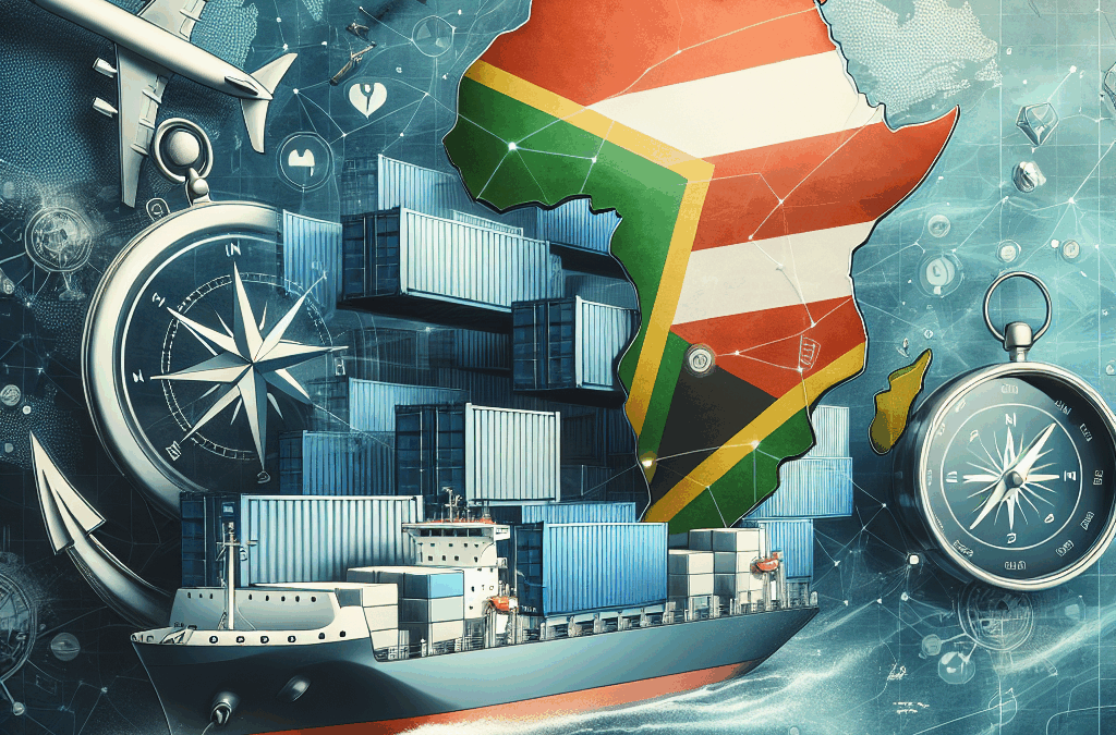 An illustrative image in high-quality capturing the concept of shipping from the US to South Africa. Include elements like a stylized map of the US and South Africa, abstract visuals of shipping containers and nautical equipment such as anchors, compass and ship. Ensure the mood of the image is positive and informational, representing a complete journey of maritime transportation process. Concept and mood are of primary focus, without any inclusion of text, logos or labels.