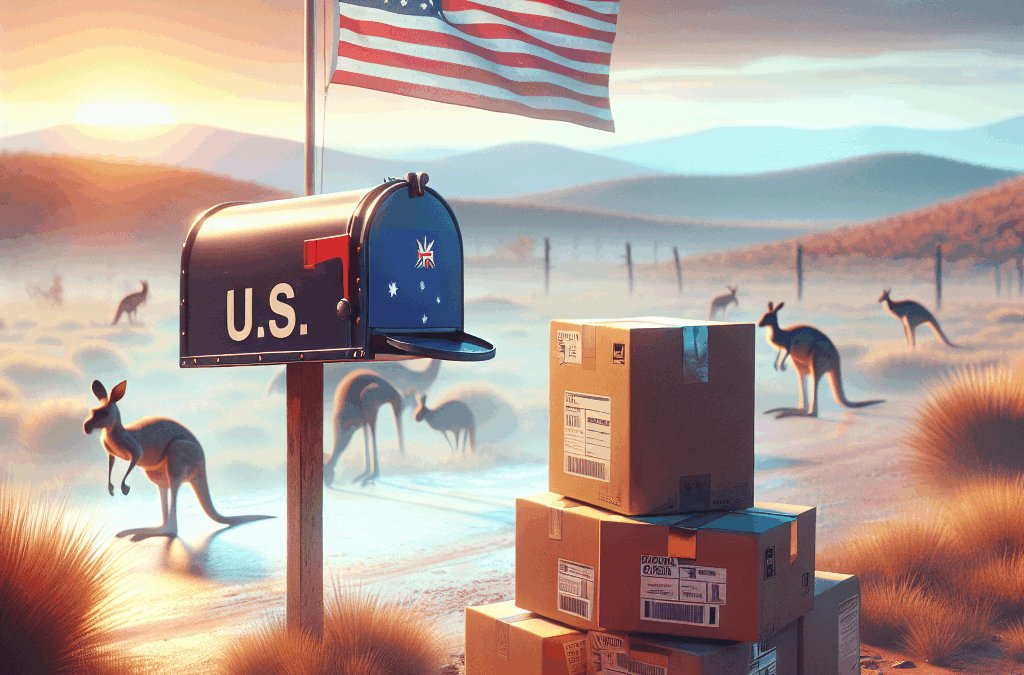 Create a detailed image visually symbolizing the concept of receiving U.S. packages in Australia. The scene should depict an atmospheric sunset over a serene Australian outback, with Kangaroos hopping around in the distance. Foreground it with a lonely mailbox adorned with a small flag coloured with the stars and stripes, symbolizing the U.S. Near the mailbox, stack some brown cardboard boxes denoting packages. Keep the ambience soothing with elements like a soft sunset hue and long shadows, keeping it free from text, logos, and labels.