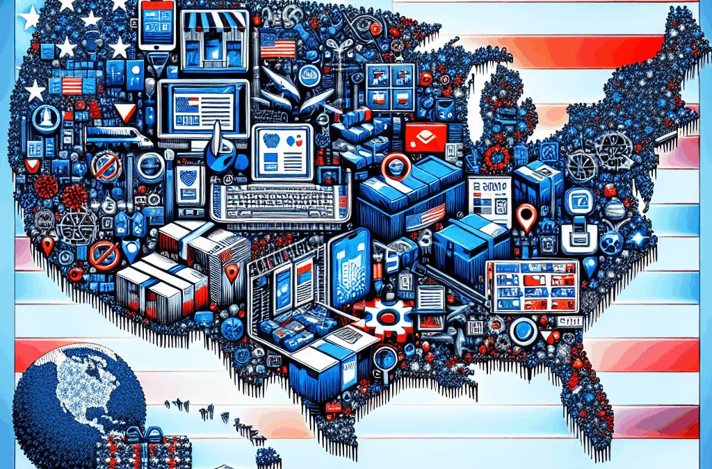 Imagine an intricate image expressing the concept of shopping from U.S. stores that do not offer international shipping by self, with the help of a service like Parcelbound. The image should include visual elements conveying e-commerce, with an icon representing a computer or a smartphone, showcasing digital shopping. Further, envision a map of the United States filled with various store icons, some packed parcels ready for dispatch, and a globe showing other countries. However, ensure no explicit logos, labels, or text are included. Focus on the colors blue and red, capturing the essence of the United States flag's colors.