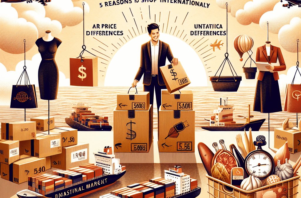 Create an intriguing, beautiful composition that represents the concept of 'Personal Shopper Service: 5 Reasons to Shop Internationally.' The image should be free from any text, logos, or labels, relying exclusively on insightful visual elements to convey the message. Include the following scenes, each providing a unique reason for international shopping: 1) A selection of diverse, fashion-forward clothing items from various cultures, 2) A line of cargo ships on the horizon, symbolizing access to global markets, 3) A scene of a person happily unpacking a package filled with rare, hard to find items from different countries, 4) A food basket filled with international gourmet delicacies, embodying the idea of obtaining unique culinary experiences, 5) A price tag scene comparing price differences between domestic and international markets implying financial benefits.