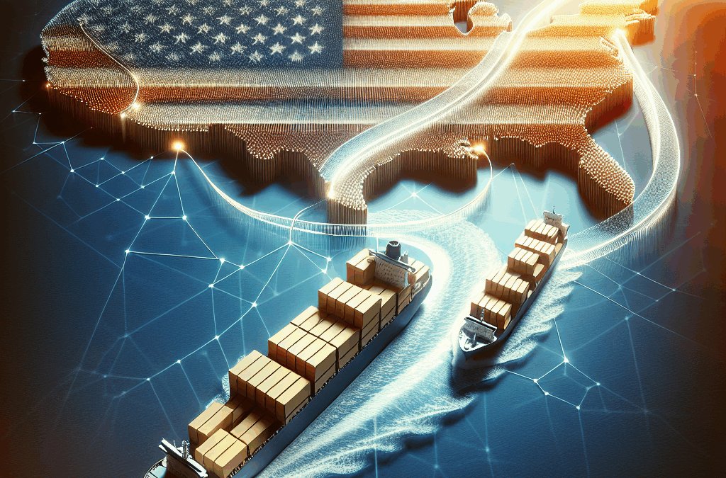 Create an imaginative and high-quality image that visually encapsulates the concept of shipping packages from the United States to Australia. Include symbolic elements representing the journey, such as a stylized map of the two countries connected by a stream of parcels, or a ship navigating across a vast ocean carrying a cargo of boxes. Generate this image with a mood of anticipation and the excitement of exchange. Excluding any text, logos or labels, focus on the pure, representative visuals of the scenario.