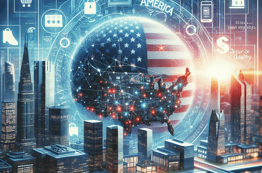 Create a visually compelling, superior quality image that encapsulates the concept of purchasing goods from America in the year 2025. This should exclude any text, logos, or labels, and purely focus on the visual elements. The image could include distinctive elements of American culture, a futuristic take on the United States' landscape, internet technology indicating online shopping, consumer products that symbolize the American market, and a positive upbeat mood to represent the idea of a buyer-friendly experience. All of these should be carefully interwoven to create a strong, intuitive understanding of the 'Buy From America' theme.