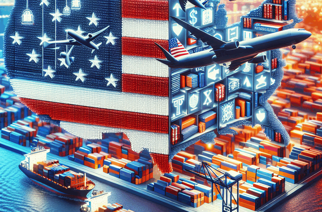 Create a detailed, complex image displaying a visual representation of the concept of international shipping from the U.S. to the U.K. The image should capture the busy and vibrant nature of the shipping process, including elements that symbolize the United States, such as a stylized outline of the country or the American flag colors and similar elements for the UK. Include in the scene containers, cargo ships in the ocean, and planes in the sky to portray the transportation methods. Despite the high density of these elements, maintain a clean and organized composition to convey efficiency. The image should have a positive and progressive mood, represented by the smooth and harmonious movement of these elements across the transatlantic route.