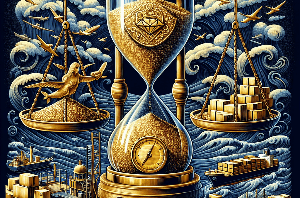 A detailed, high-quality illustration embodying the concept of benefits of a shipping calculator represented through metaphorical scenes. The first scene should be a large, intricate hourglass signifying 'saving time', with golden grains of sand flowing swiftly. The second scene should depict a golden coin-shaped Mercer scale balancing a pile of packages with a large diamond, symbolizing the 'saving money' aspect. The third scene can be an expansive ocean filled with tiny ships sailing efficiently, symbolizing the organization and efficiency of Parcelbound. Ensure no specific text, logos, or labels are included in the image.