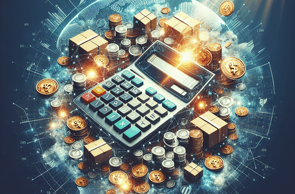 Generate a visually appealing, high-quality image that artistically interprets the concept of benefits of a shipping calculator. The emphasis is on maximizing parcel savings. Omit any text, logos, or labels, focusing solely on visual elements. This could feature a minimalist design with a physical calculator intertwined with imagery of parcels and coins, bathed under a ray of light, symbolizing cost savings. Perhaps the background incorporates a sense of global map to suggest worldwide shipping. Remember, the focus should be abstract and metaphorical rather than literal, hence play with colors, light, and full scale to show the positive impact.