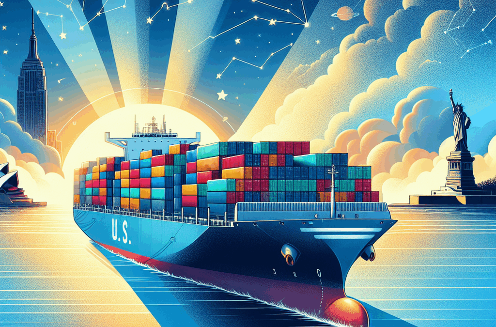 An illustrative scene showing a large, modern ship sailing across a vast blue ocean. The ship is filled with stacks of containers, painted in different colors, symbolizing the concept of diversity. On the horizon, the sun is rising, casting an angular, golden light onto the water's surface. The left side of the image represents the U.S. with the iconic Statue of Liberty in the background, partly obscured by the morning fog. On the right side, the southern constellations and Australia's Sydney Opera House appearing at the horizon symbolize the destination. Steer clear of any form of textual information, logos, or labels.